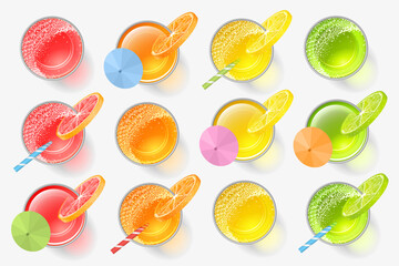 Vector set. Fresh orange, lemon, lime, grapefruit, citrus juice in glasses. Top view. Drink, cocktail, alcohol in the glass. View from above. 
