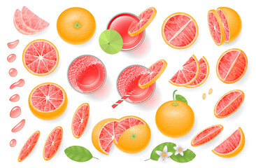 Vector set. Fresh grapefruit and grapefruit juice. Top view. Grapefruit sliced in various pieces, juice in glasses, leaves, flowers, grains, drops. View from above.