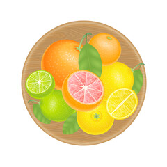 Vector illustration. Fresh citrus fruits in a wooden bowl. Top view. Orange, grapefruit, lemon, lime, mandarin. View from above.