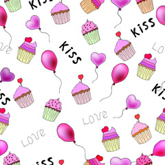 seamless pattern with lettering, cupcakes and balls