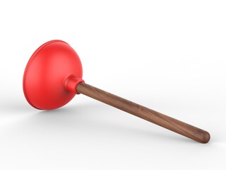 Blank toilet rubber plunger with wooden handle for branding and mock up design . 3d render illustration.