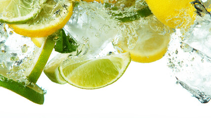 Lemonand lime slices falling deeply under water on white