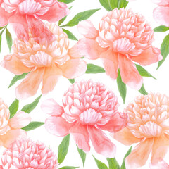 Peony watercolor seamless pattern flowers with leaves. Hand drawn illustration
