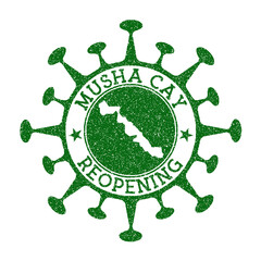Musha Cay Reopening Stamp. Green round badge of island with map of Musha Cay. Island opening after lockdown. Vector illustration.