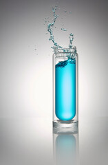 Transparent glass bottle without lid. With splashing blue liquid.