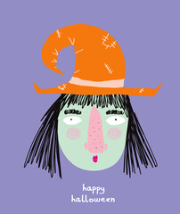 Cute Hand Drawn Halloween Card. Funny Witch Wearing Orange Hat and Black Hair on a Violet Background. White Handwritten Happy Halloween. Simple Infantile Style Halloween Illustration.