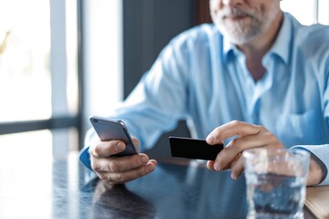 Online Payment on Smartphone by Mature Man. Handsome mature business leader sitting in a modern office