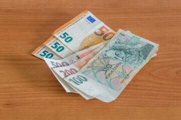 Fototapeta na wymiar Euro (EUR) and Czech koruna banknotes (CZK).