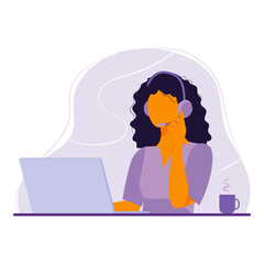 Woman in headphone with microphone uses laptop