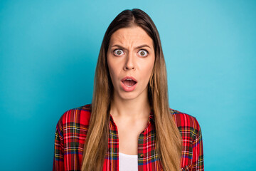Fototapeta premium Close-up portrait of her she nice attractive pretty lovely annoyed girl wearing checked shirt bad news reaction isolated on bright vivid shine vibrant blue color background