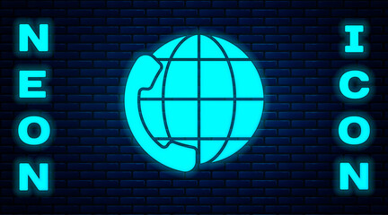 Glowing neon Telephone 24 hours support icon isolated on brick wall background. All-day customer support call-center. Full time call services. Vector Illustration.