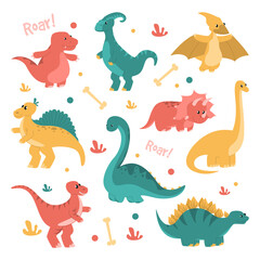 Cute and funny dinosaurs set vector isolated. Collection of smiling baby dragons. Triceratops and brachiosaurus.