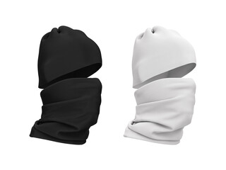 Buffs worn on the head and face. Hat and scarf mask. Sportswear, hat. 3d realistic illustration of clothes. Black and white mock-up, template isolated on white background.