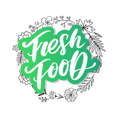 Vector illustration, food design. Hand lettering for restaurant, cafe menu, farm and shop. Elements for labels, logos, badges, stickers or icons. Calligraphic and typographic collection. Fresh food