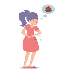 Child with a diarrhea vector isolated. Girl with pain in stomach. Belly disease. Person needs to get to the toilet. Poo symbol