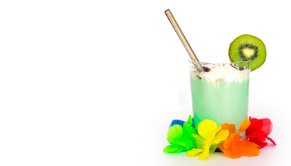 Tropical caribbean exotic green cocktail with slice of kiwi in a glass with metal cocktail tube and hawaiian flower garland isolated on white. Space for text. Milkshakes and smoothie