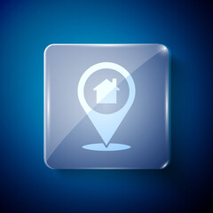 White Map pointer with house icon isolated on blue background. Home location marker symbol. Square glass panels. Vector Illustration.