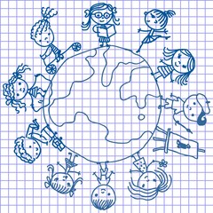 Cartoon children around the globe. Doodle on notebook paper