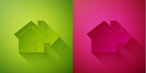 Paper cut Sale house icon isolated on green and pink background. Buy house concept. Home loan concept, rent, buying a property. Paper art style. Vector Illustration.