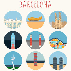 Barcelona Icons Set  landmarks & symbols - Vector flat design