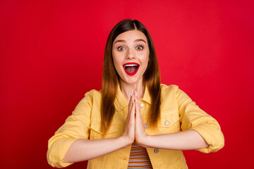 Please. Photo of attractive crazy lady good mood hold join arms together addicted shopper want...