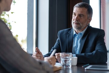 Image of mature businessman interviewing female.