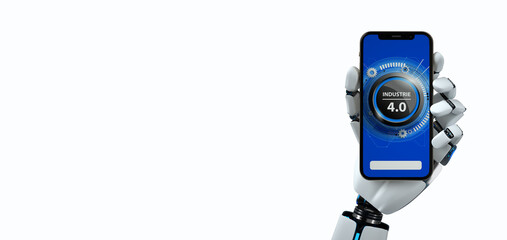 Industrie 4.0 - Humanoider Roboter mit einem Smartphone in der Hand