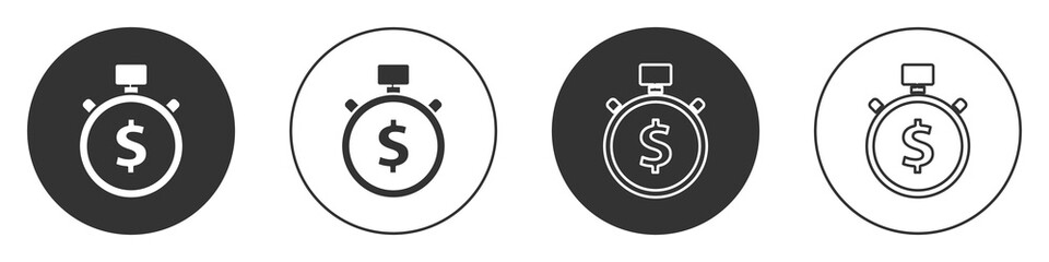 Black Time is money icon isolated on white background. Money is time. Effective time management. Convert time to money. Stopwatch. Circle button. Vector Illustration.