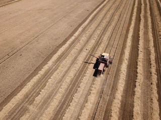 Top view of harvester reaps grain