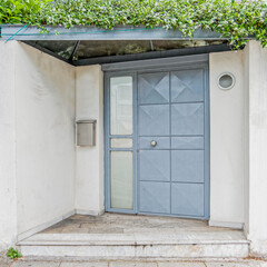 modern family house entrance grey door with green foliage by the sidewalk