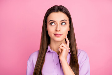 Close-up portrait of her she nice attractive pretty lovely cute winsome lovable dreamy long-haired girl overthinking isolated over pink pastel color background