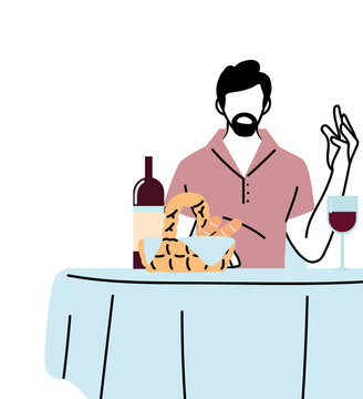 Man sitting at restaurant table with wine and breads basket vector design