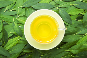 A cup of tea with fresh tea leaves on the background