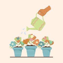 A hand with a watering can watered flowers planted in pots. Vector colorful illustration for design of greeting cards, print on fabric and mothers day. The concept of plant care and watering plants.