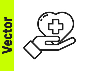 Fototapeta premium Black line Heart with a cross icon isolated on white background. First aid. Healthcare, medical and pharmacy sign. Vector Illustration.