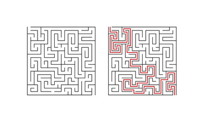 Labyrinth maze game for children. Difficult puzzle with solution. Vector illustration.
