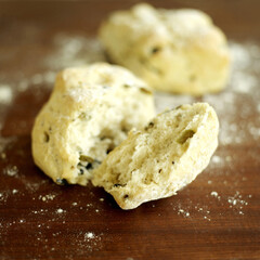 Fresh olive ciabatta roll torn open
