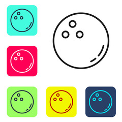 Black line Bowling ball icon isolated on white background. Sport equipment. Set icons in color square buttons. Vector Illustration.