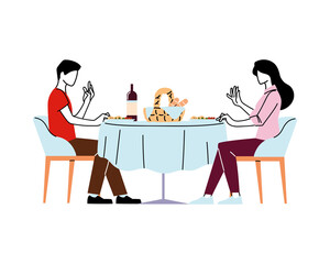 Woman and man sitting at restaurant table with wine vector design