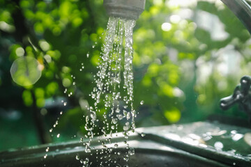 Naklejka na ściany i meble Crystal clear drops of water falling slowly from old pipe outdoors. Close-up stream of water splashing on blurred background. Pure water for people hygiene. Sanitary