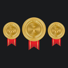 1st, 2nd, 3rd Sports awards three medals, gold isolated on a black background