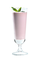 Blueberry milk shake in tall glass on white background garnished with mint leaves