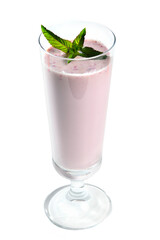 Blueberry milk shake in tall glass on white background garnished with mint leaves