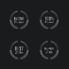 Fototapeta premium Silver Retro Guarantee Labels with Wreaths Isolated on Black Background.