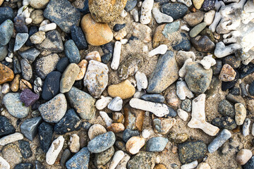 Multi-colored colorful sea pebbles, natural background, texture. Close-up texture of colorful sea pebbles. Sea background and beach