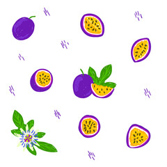 Passion fruit vector illustration set. Passion fruit hand drawn collection, design template. Whole, half, sliced passion fruit, cut, flower, leaf