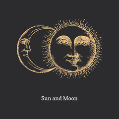 Sun and Moon, hand drawn in engraving style.Vector