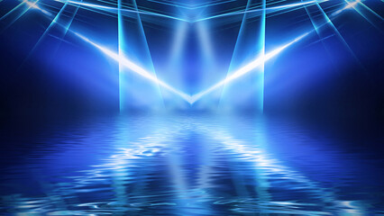 Obraz premium Neon dark background, bright light, reflection in the water. Light neon effect, energy waves on a dark abstract background. Laser colorful neon show.