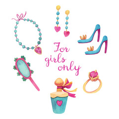 Watercolor set with accessories for girls. A ring, earrings, a hand mirror, a necklace, a bottle of perfume and beautiful shoes. Hand painted illustration isolated on white. Great for kids design.