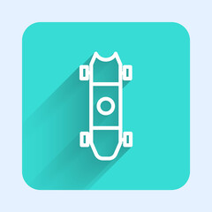 White line Longboard or skateboard cruiser icon isolated with long shadow. Extreme sport. Sport equipment. Green square button. Vector Illustration.